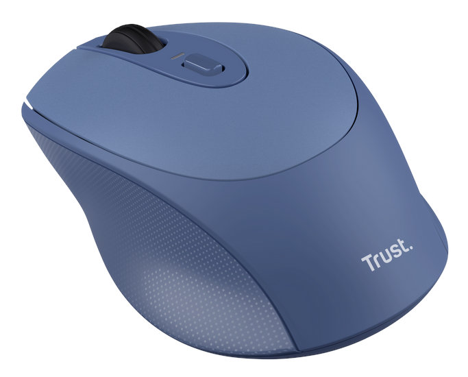 Niebieska mysz bezprzewodowa Trust, z kółkiem przewijania i przyciskiem na górze.