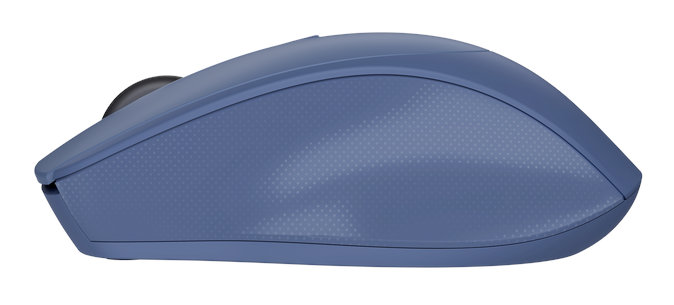 Widok z boku niebieskiej bezprzewodowej myszy komputerowej na białym tle.