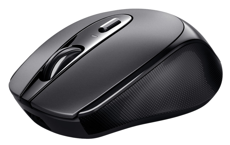 Czarna mysz komputerowa z kółkiem przewijania i przyciskami.