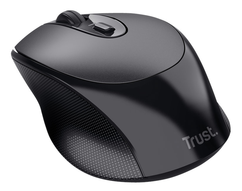 Czarna mysz bezprzewodowa Trust z teksturowanym bokiem i logo Trust.