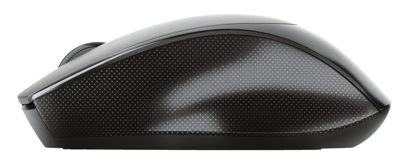 Widok z boku czarnej myszy komputerowej z teksturowanym fragmentem.