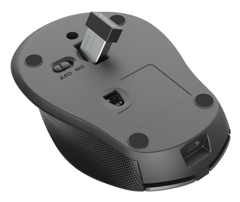 Ciemnoszara mysz bezprzewodowa z otwartym schowkiem na baterie, odsłaniającym odbiornik USB.