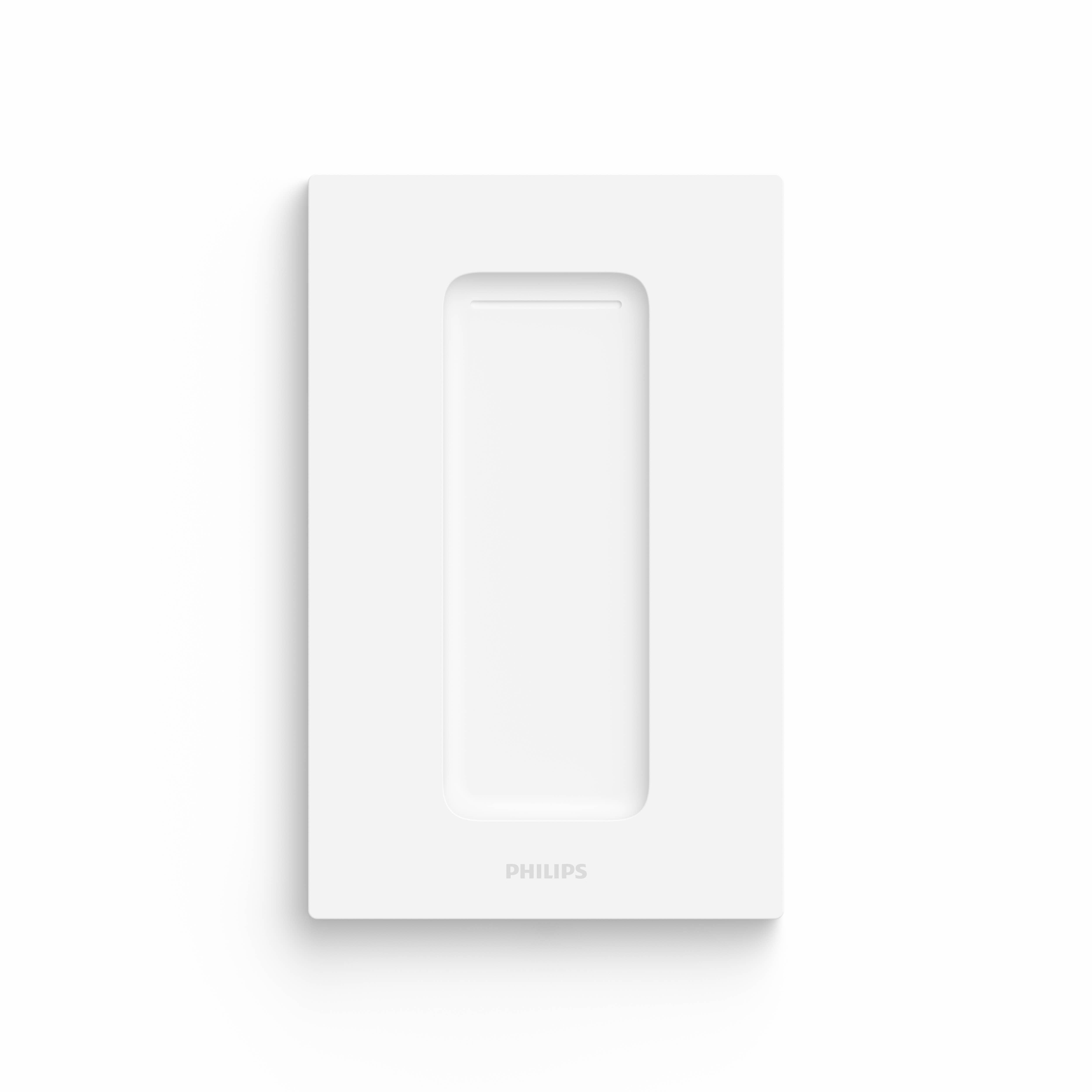 Ein weißer Philips Smart-Wandschalter mit einer rechteckigen Vertiefung in der Mitte.
