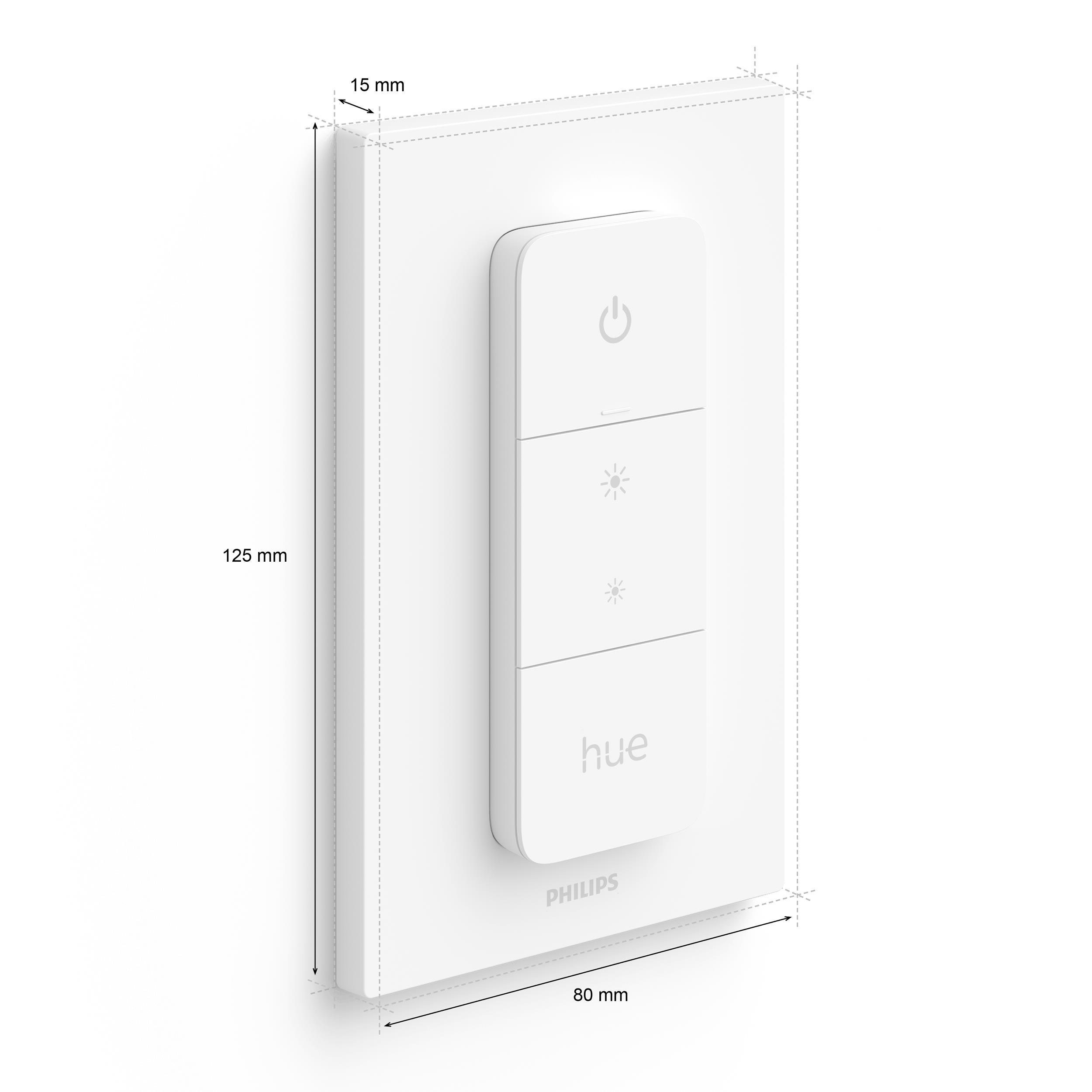 Ein weißer Philips Hue Dimmschalter. Er hat drei Tasten und ist an einer weißen Wand montiert.