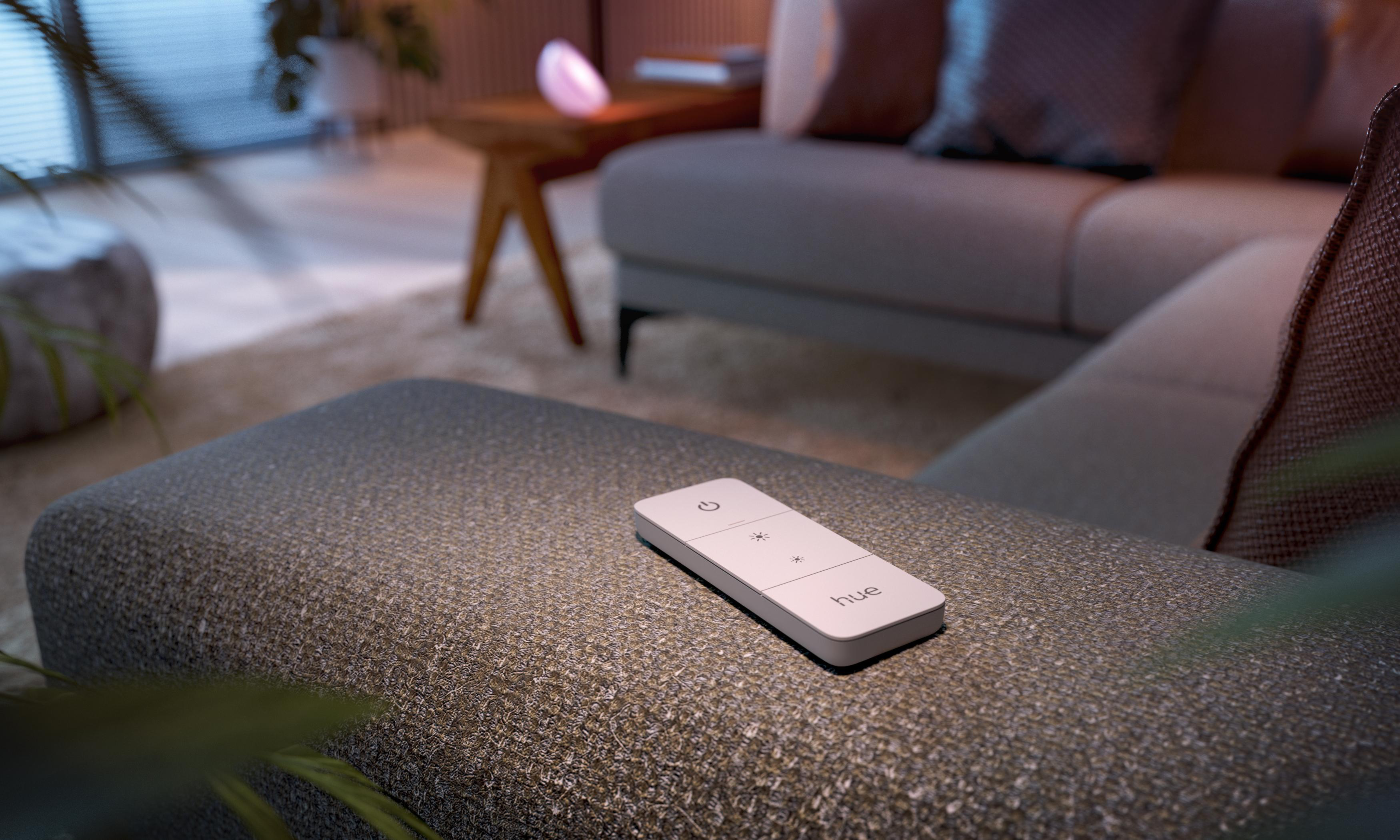 Eine weiße Fernbedienung liegt auf einem grauen Sofa. Das Wort 'hue' steht auf der Fernbedienung.