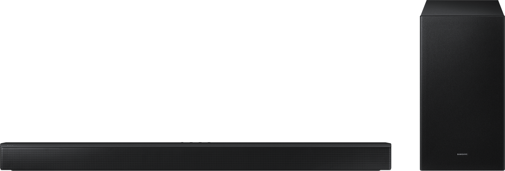 Fekete soundbar és mélynyomó fekete háttér előtt. A soundbar hosszú és vékony.