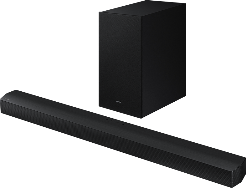 Schwarze Soundbar und Subwoofer. Beide sind schwarz. Subwoofer steht aufrecht.