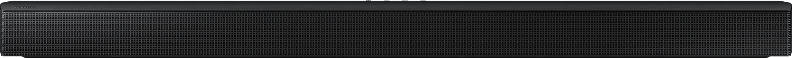 Egy fekete soundbar perforált előlappal, amelyet a TV elé terveztek.