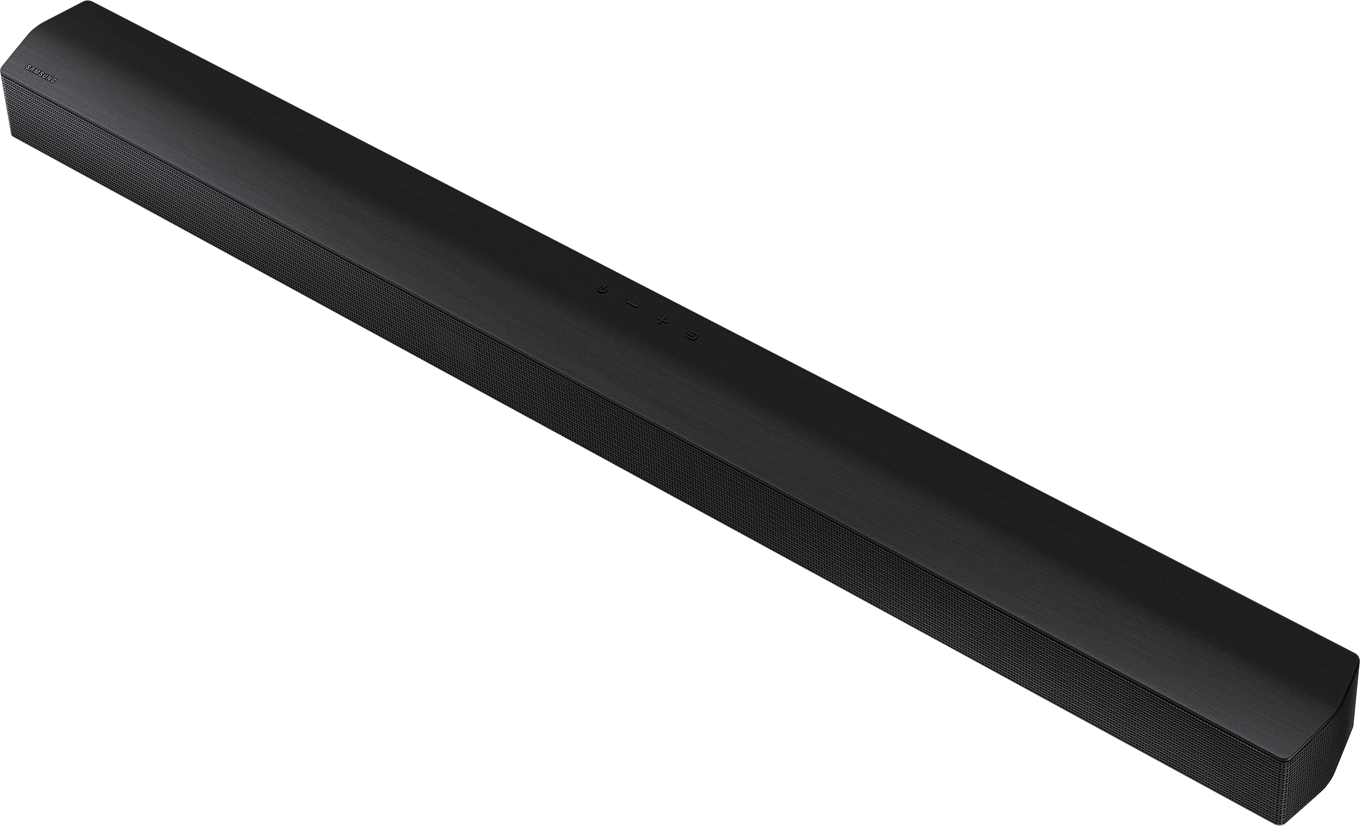 Fekete soundbar fekete háttéren. A soundbar téglalap alakú.