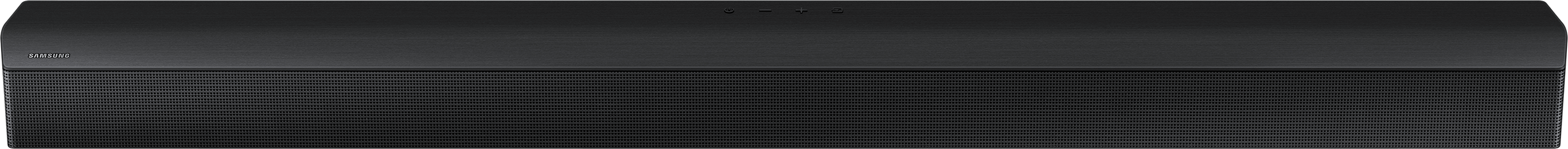 Egy hosszú fekete soundbar perforált hangszóróráccsal. Minimalista design.