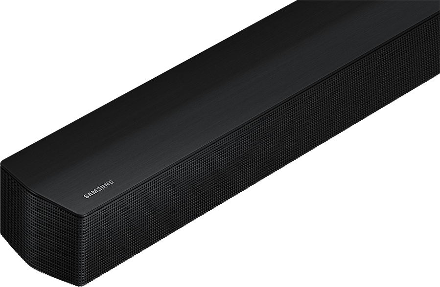 Fekete soundbar a Samsung logóval. Hálós előlappal rendelkezik.