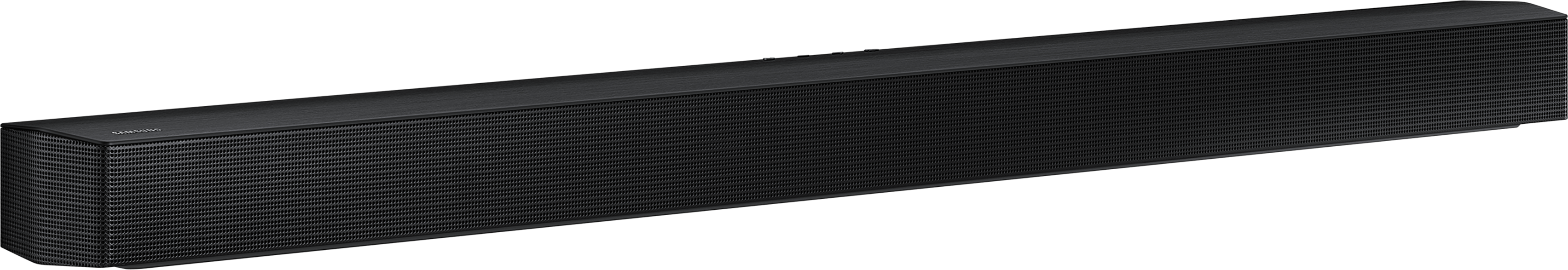 Fekete soundbar hálós előlappal és Samsung logóval. Fekete háttér.