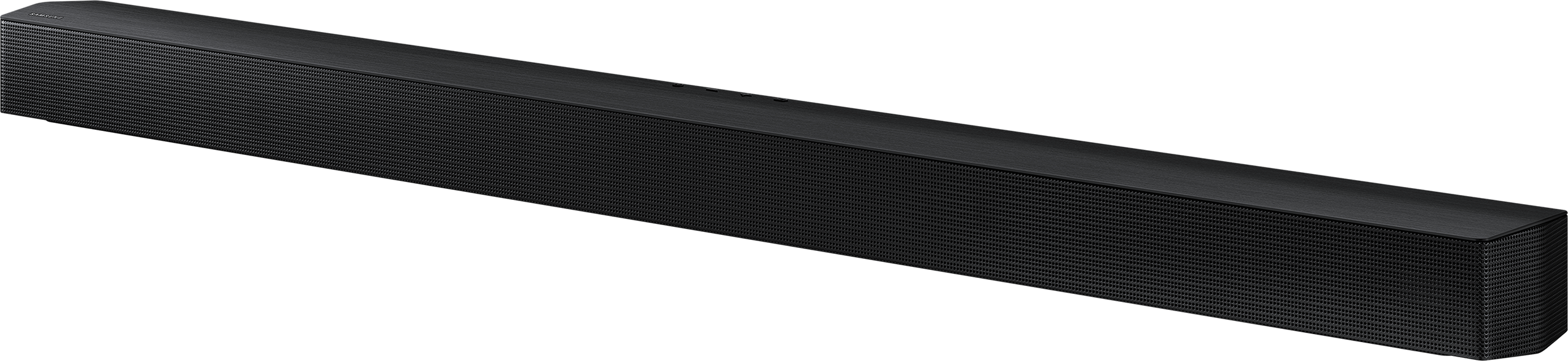 Hosszú fekete soundbar hálós ráccsal, enyhén szögben. A háttér fekete.