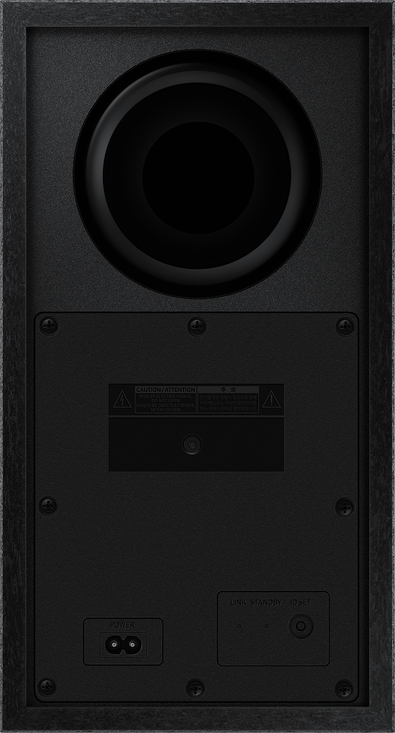 Fekete soundbar hátulnézete, portokat és tápcsatlakozást mutatva.