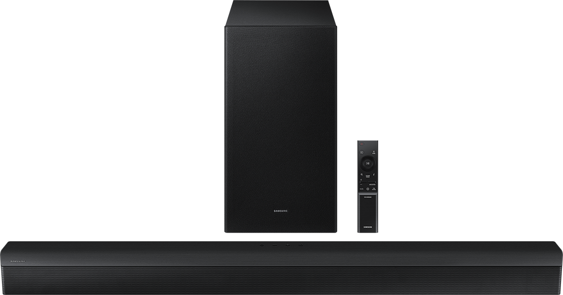 Fekete soundbar, mélynyomó és távirányító fekete háttéren.