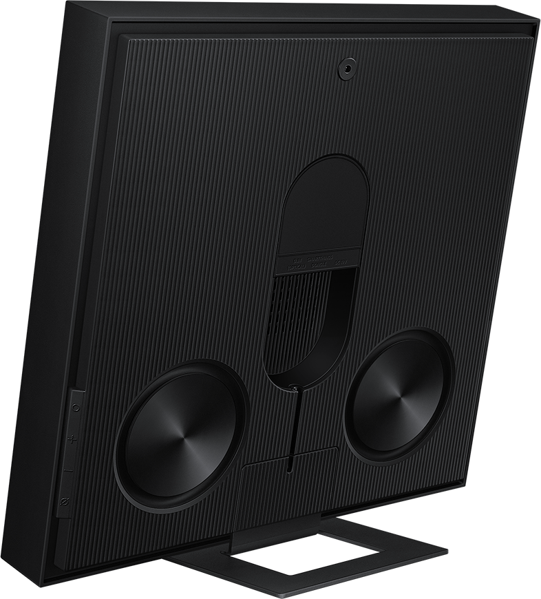 Fekete soundbar hátulnézet, hangszórókkal, állvánnyal és csatlakozókkal.