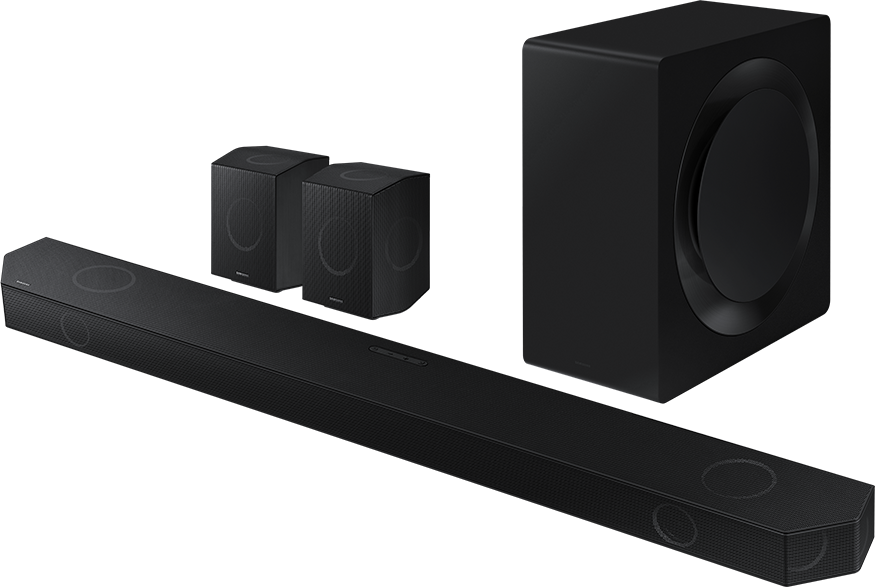 Schwarzes Soundbar-System mit zwei Lautsprechern und einem Subwoofer, vor schwarzem Hintergrund.
