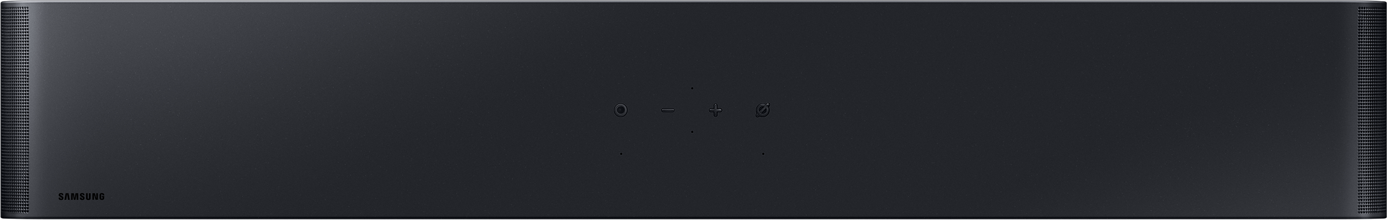 Fekete soundbar elölnézet, Samsung logóval és vezérlőgombokkal.