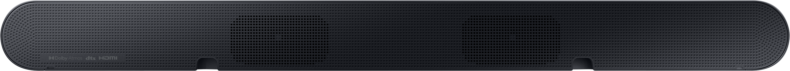 Egy fekete Samsung soundbar. A soundbar sok kis lyukkal rendelkezik. A Samsung logó látható.