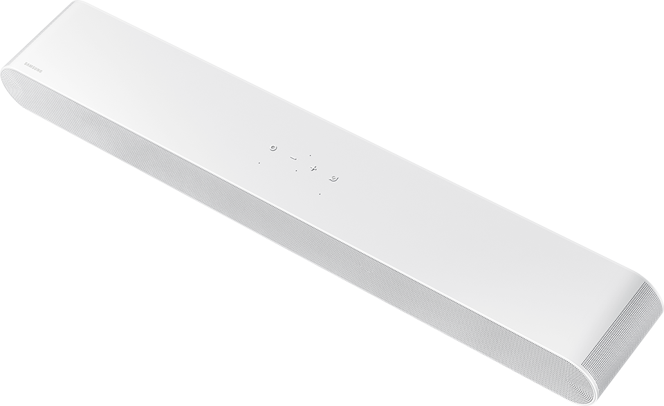 Egy fehér soundbar gombokkal a tetején fekete háttér előtt.