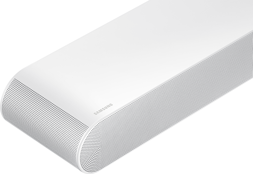 Fehér soundbar lyukakkal, SAMSUNG logóval.