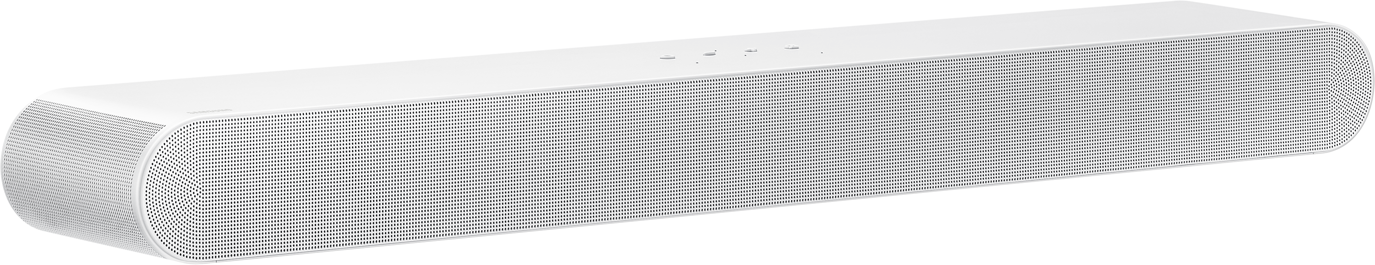 Fehér soundbar, téglalap alakú, apró lyukak, több gomb a tetején.