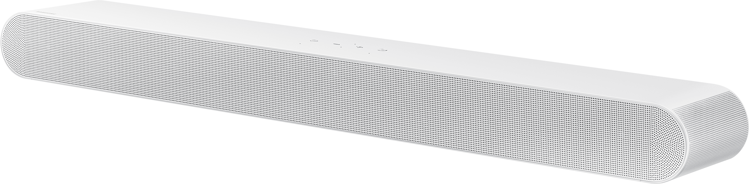 Egy fehér soundbar perforált előlappal, kissé szögben nézve.