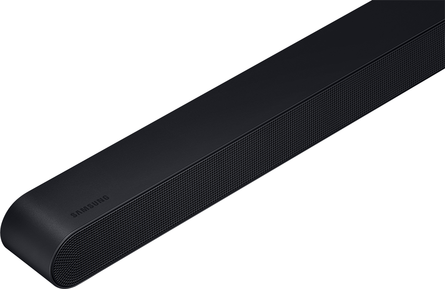 Schwarze Soundbar mit Samsung-Logo, auf schwarzem Hintergrund.