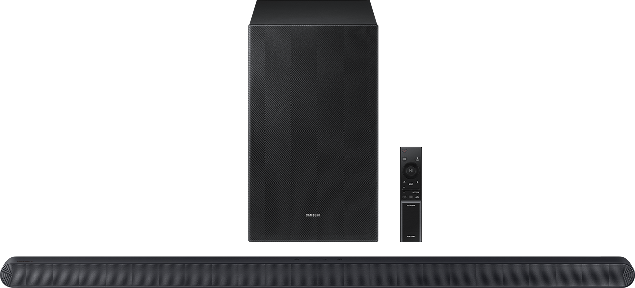 Samsung Soundbar, Subwoofer und Fernbedienung. Alles schwarz. Soundbar unten. Schwarzer Hintergrund.