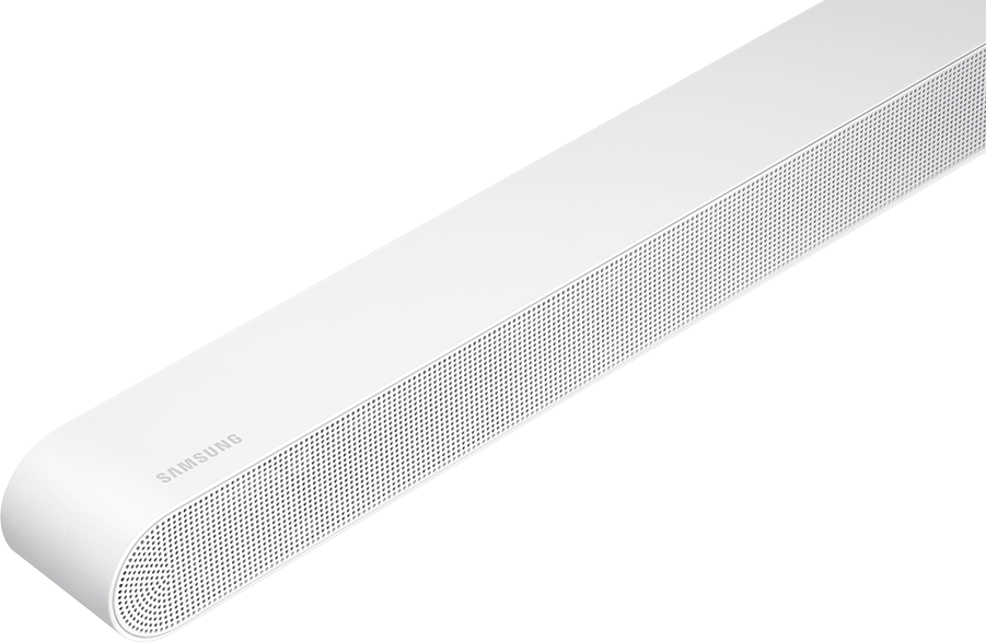 Weiße Soundbar mit perforierter Oberfläche und Samsung-Logo.