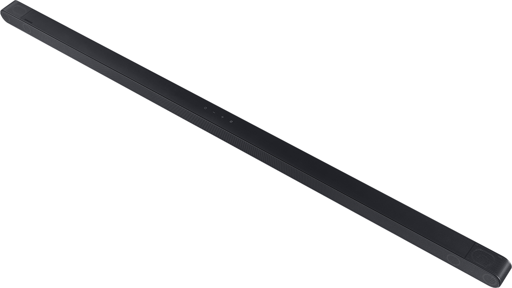 Egy hosszú, fekete soundbar fekete háttér előtt. Elegáns, minimalista a dizájnja.