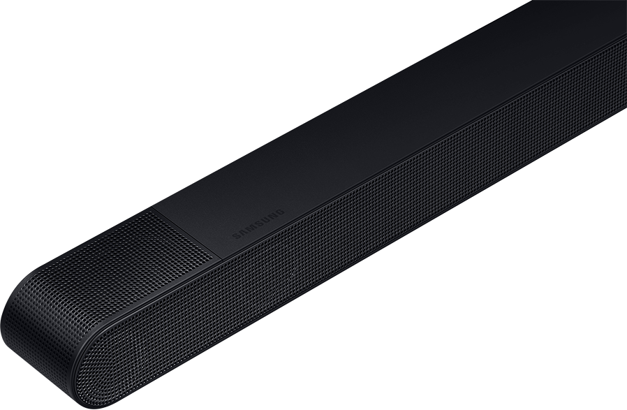 Schwarze Soundbar mit geschwungenem Design, Markenname Samsung oben sichtbar.