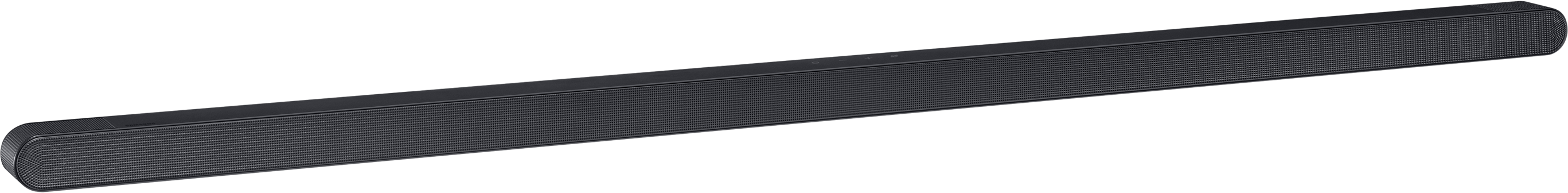 Hosszú, fekete soundbar fekete háttérrel. Vékony és téglalap alakú.