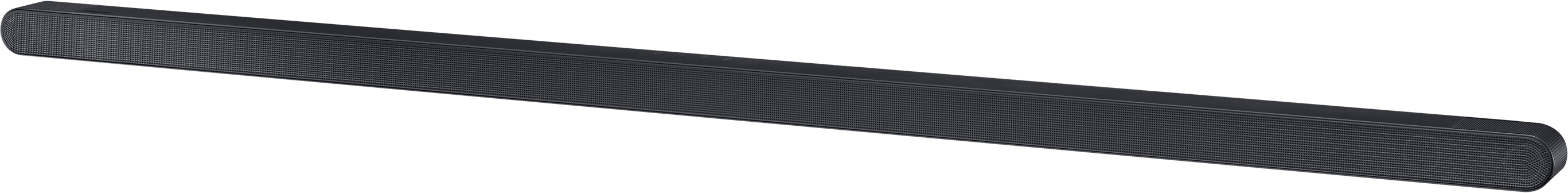 Fekete soundbar fekete háttéren. Hosszú, téglalap alakú.
