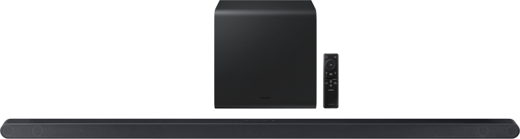 Eine schwarze Soundbar, ein Subwoofer und eine Fernbedienung vor schwarzem Hintergrund. Das Samsung-Logo ist sichtbar.