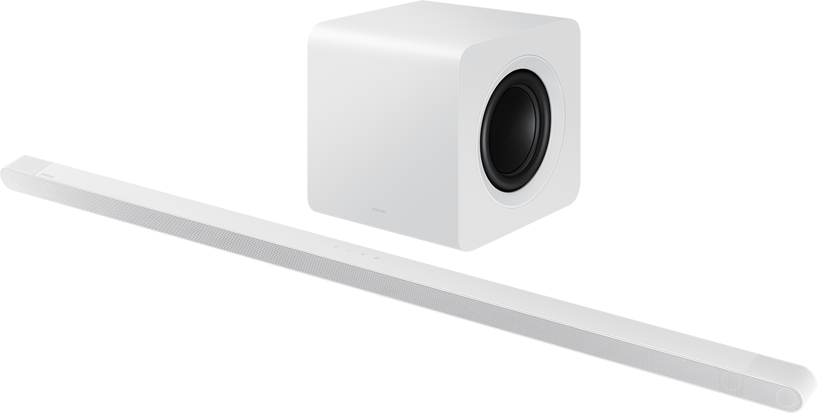 Fehér soundbar és mélynyomó készlet, perforált soundbarral és fehér, négyzet alakú mélynyomóval.