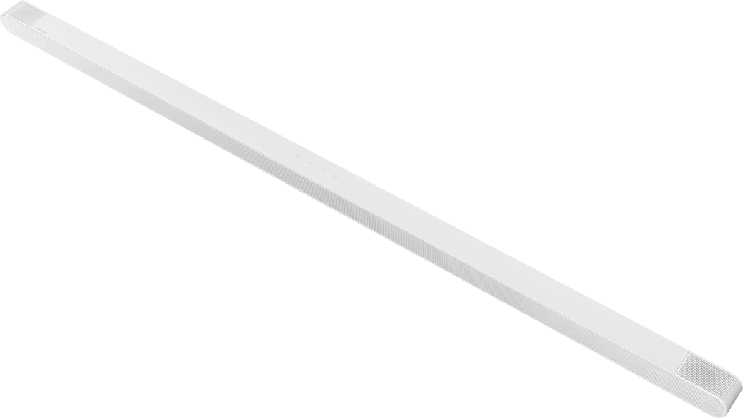 Hosszú, fehér soundbar fekete háttéren.