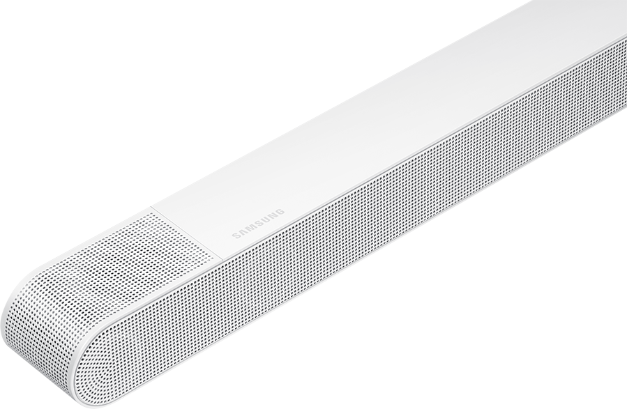 Fehér soundbar hangszóró lyukakkal. A Samsung logó látható.