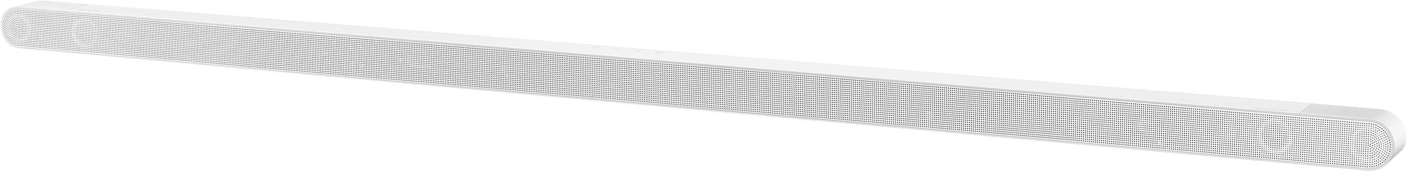 Hosszú, fehér soundbar lekerekített téglalap alakban, fekete háttér előtt.