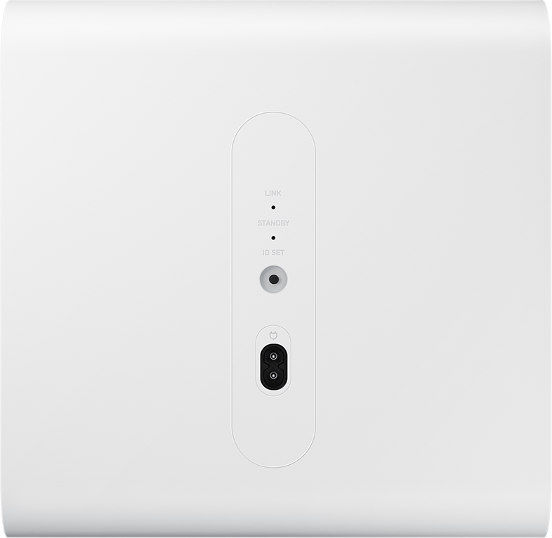 Fehér készülék link, készenlét és ID beállító gombokkal. Bekapcsológomb alul.