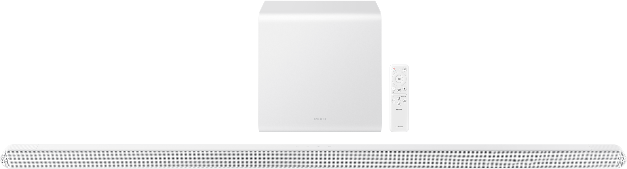 Fehér soundbar, mélynyomó és távirányító fekete háttér előtt.