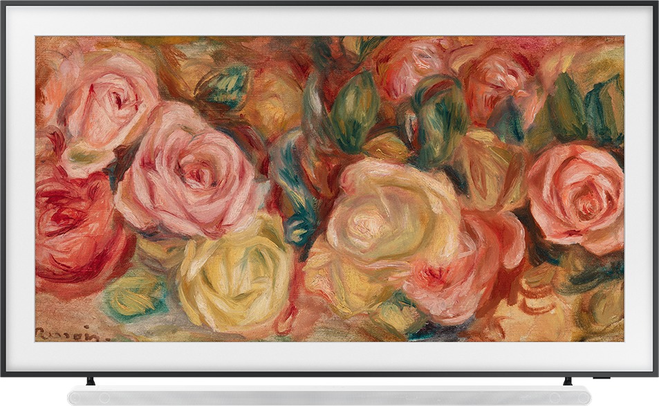 Virágművészet a TV-képernyőn; rózsák rózsaszín, sárga és piros árnyalatokban.