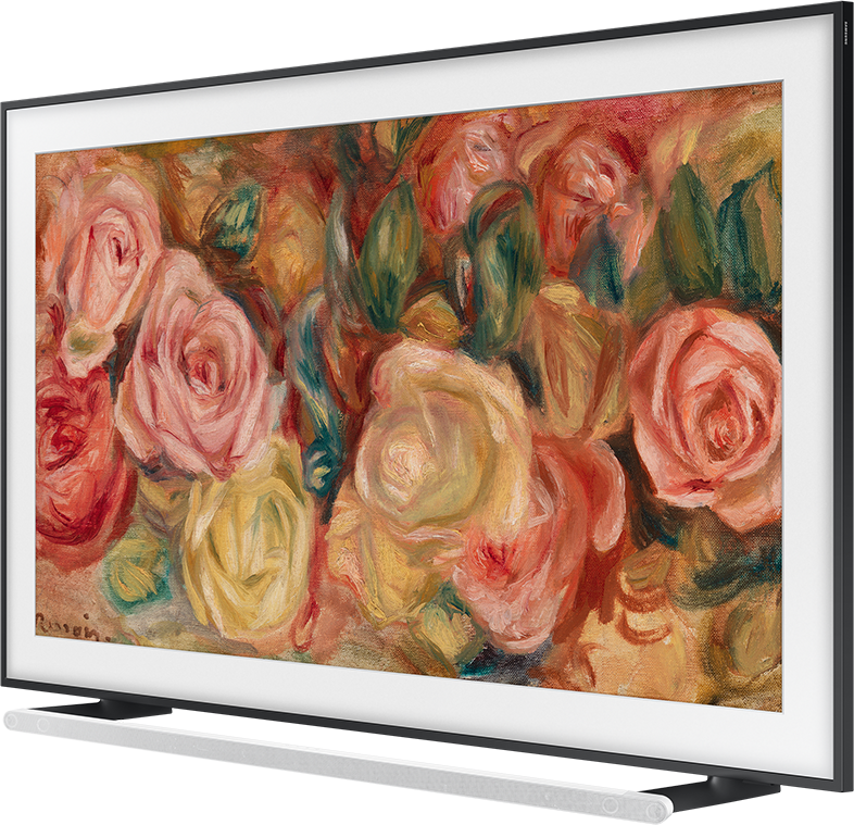 TV képernyő rózsák festményét mutatja. Fehér keret és állvány látható.