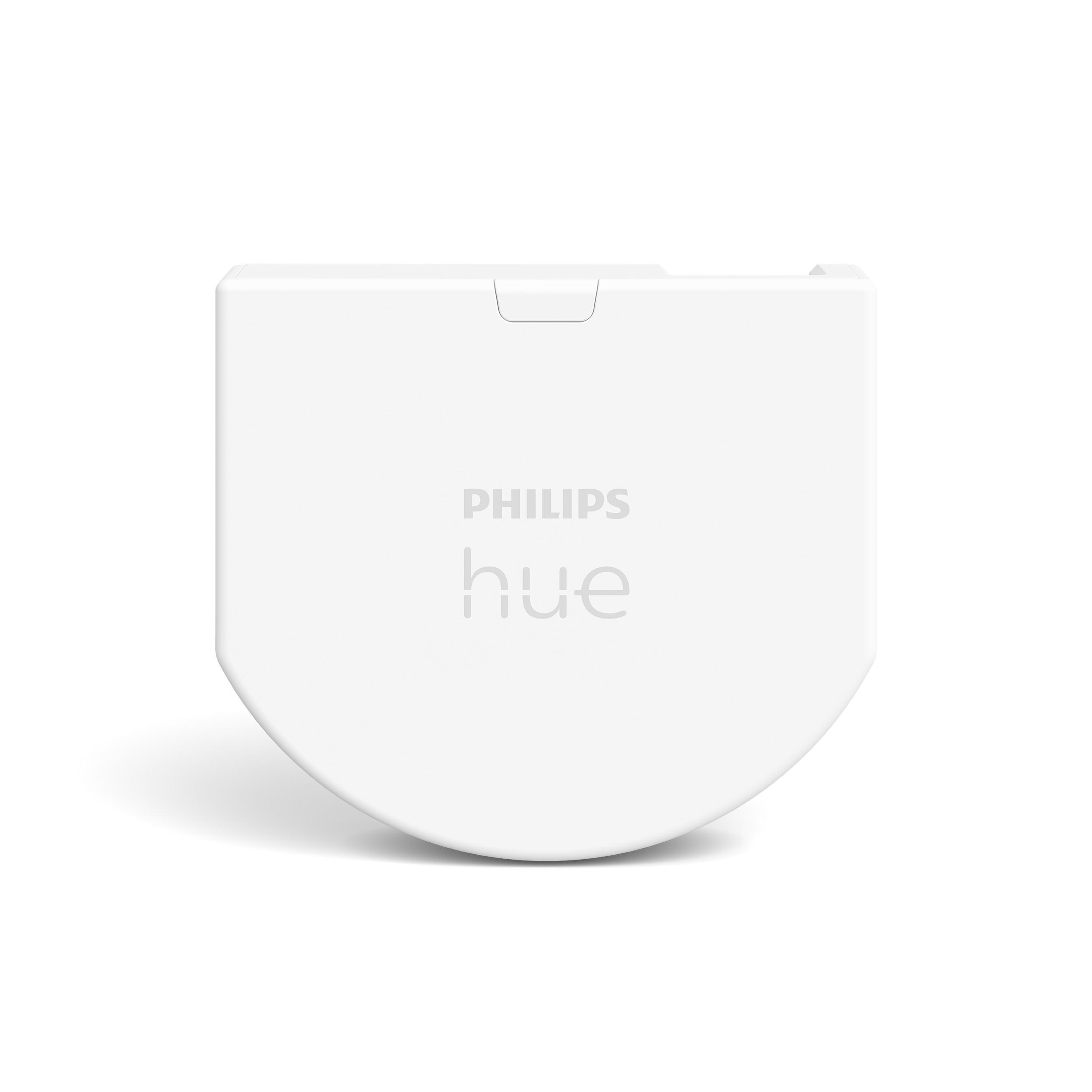 Ein weißes Philips Hue Gerät, quadratisch und abgerundet, mit dem Logo 'Philips hue'.