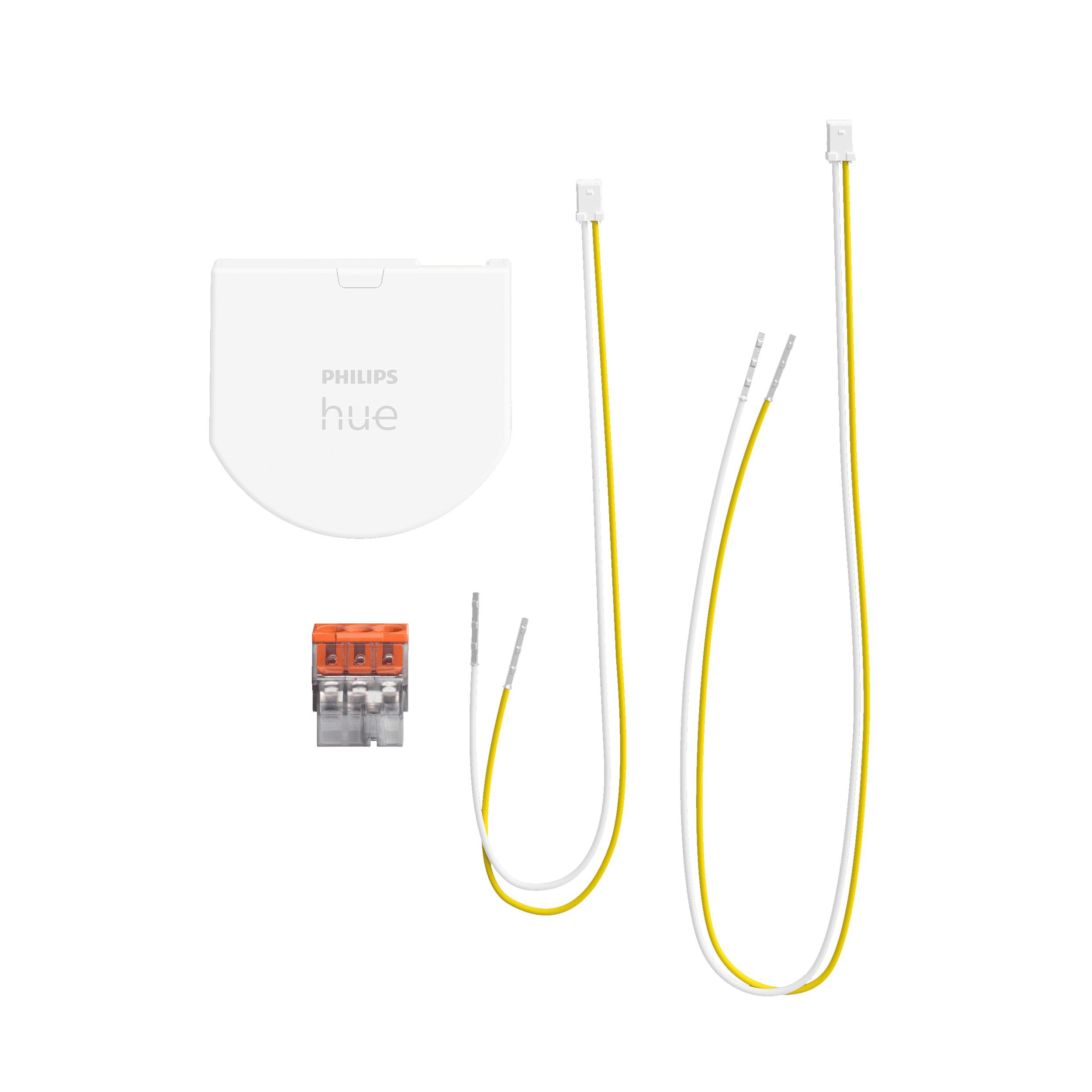 Komponenten einschließlich eines Philips Hue Geräts, Anschlüssen und Drähten, vor weißem Hintergrund.