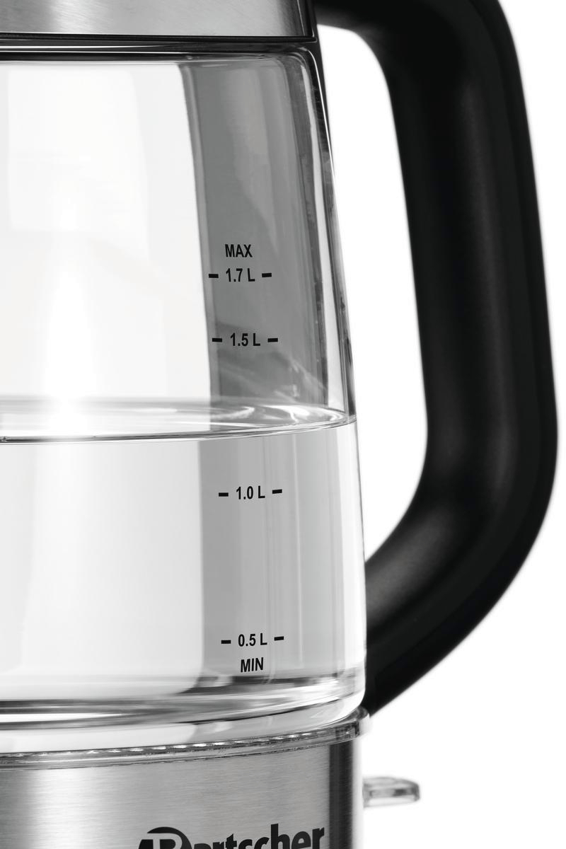 Ein klarer Glaskessel mit Wasser. Er hat einen schwarzen Griff und Messungen für Wasserstände.