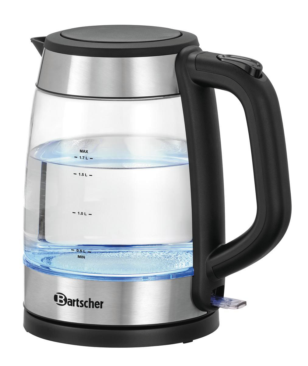 Ein klarer elektrischer Glaskessel mit Wasser, schwarzem Griff und silbernem Sockel. Es hat eine Kapazitätsskala und die Marke ist Bartscher.