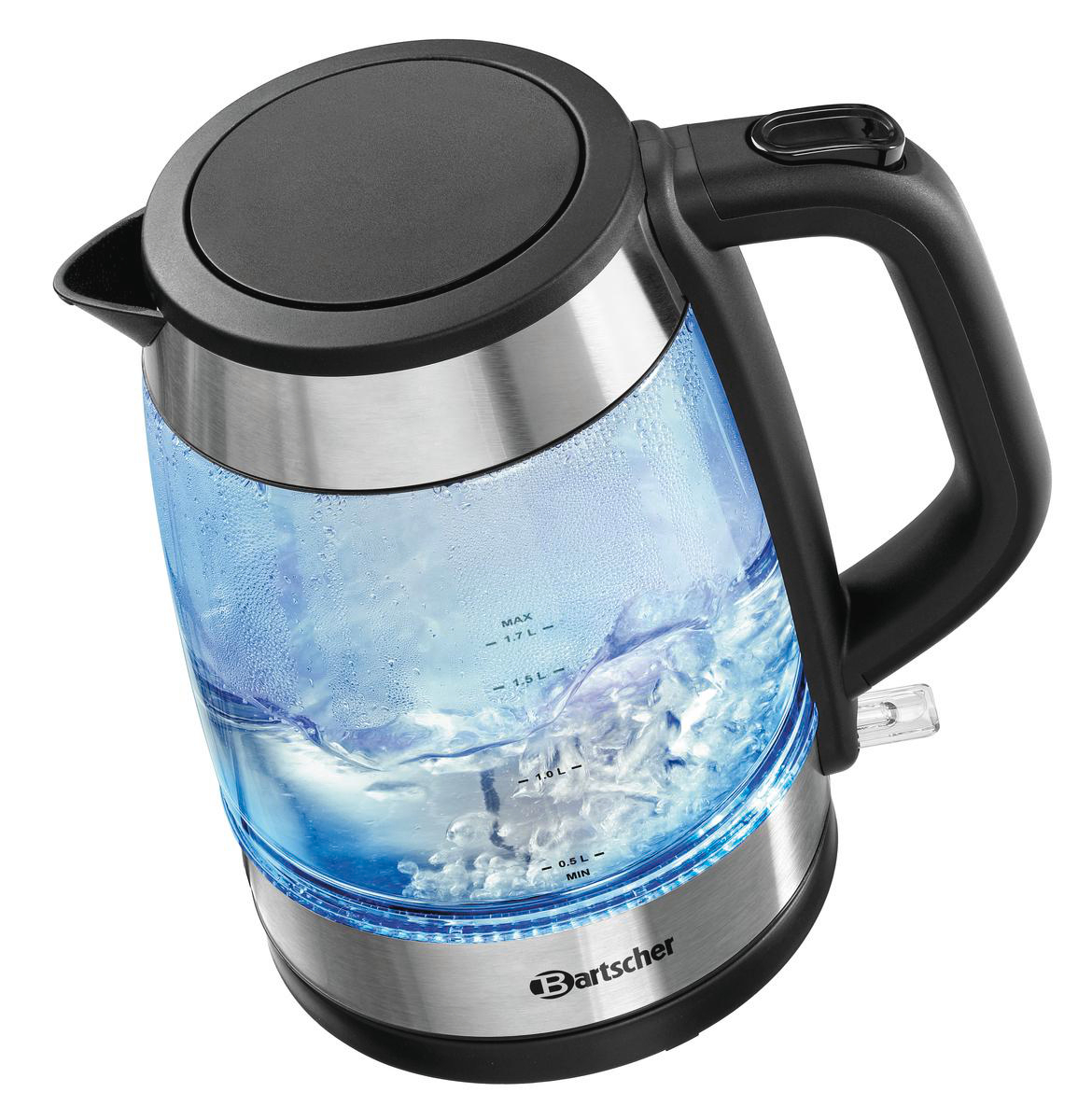 Elektrischer Wasserkocher mit blauem Wasser. Er hat einen schwarzen Griff und Deckel. Der Markenname 'Bartscher' ist sichtbar.