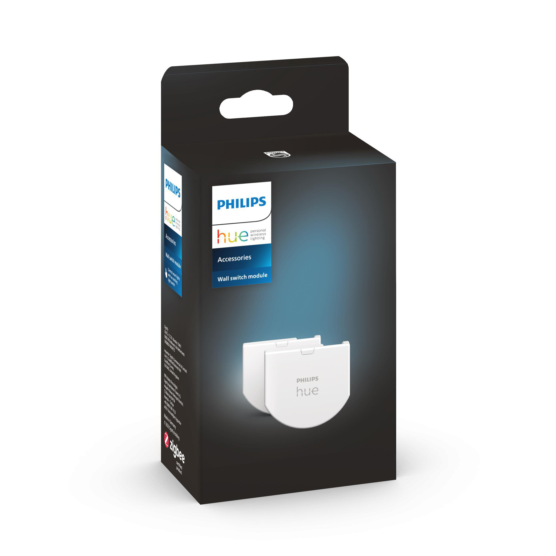 Philips Hue Wandschaltermodul-Box. Weiße Module sichtbar. Schwarze Verpackung. Philips- und Hue-Logos.