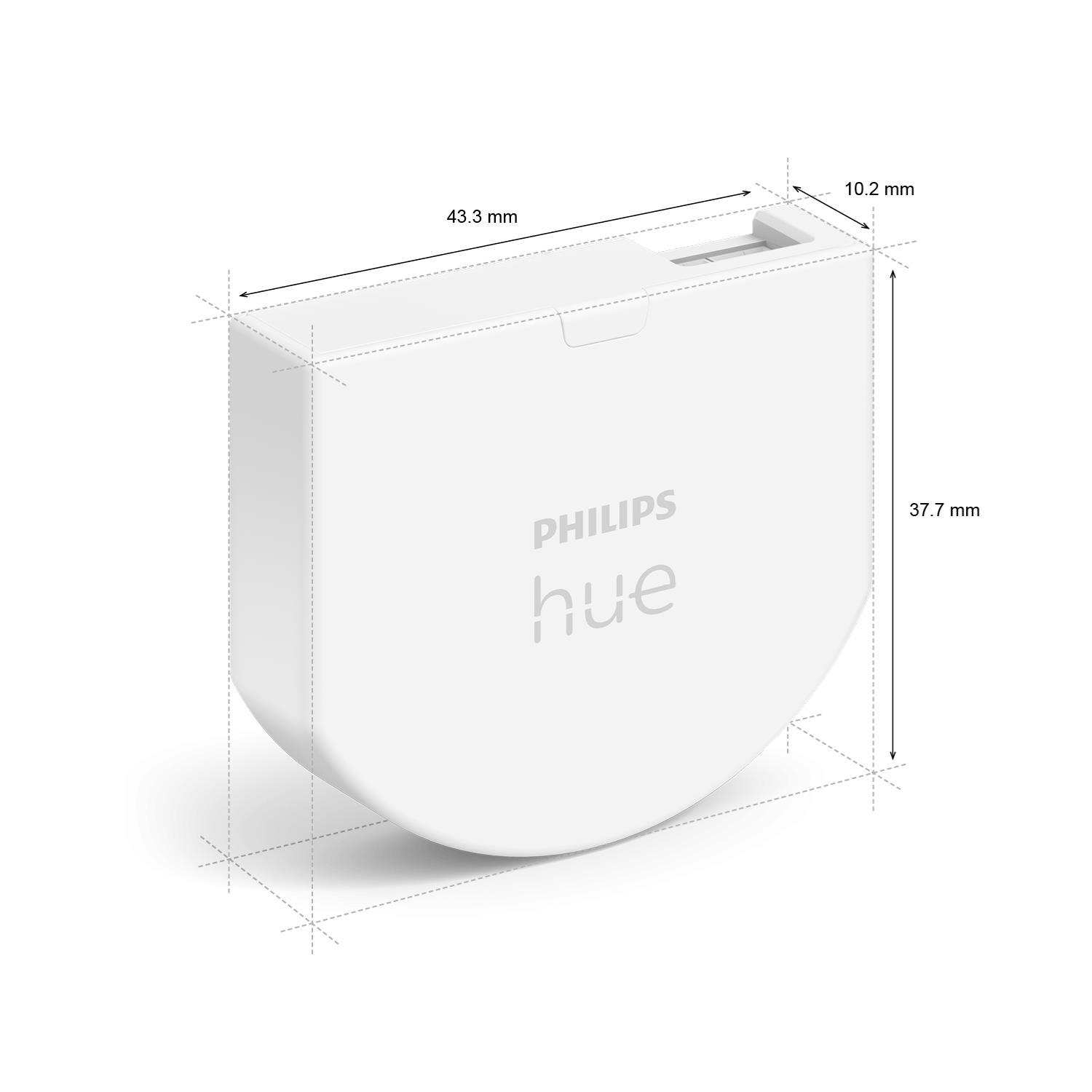 Weißes Philips Hue Gerät mit Abmessungen. Es ist ein weißes Rechteck mit abgerundeten Ecken.